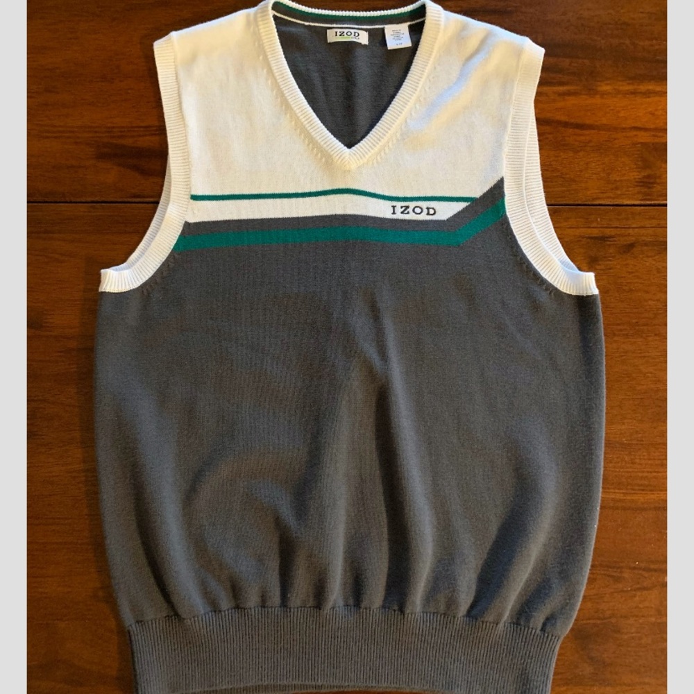 Izod Golf Men's V-neck Cotton Sweater Vest Gray, Green & White, size S